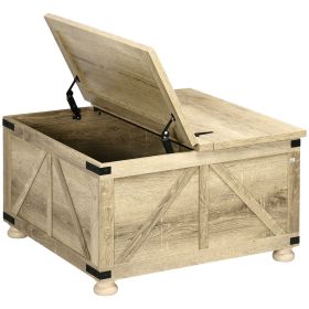 Farmhouse Coffee Table Square with Flip-Top Hidden Storage, Oak Wooden Legs for Living Room