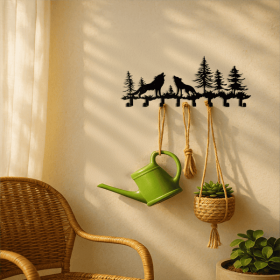 "Wolf Key Holder Wall Mount - 8 Hook Coat Rack for Keys, Hats & Scarves - Rustic Entryway Organizer for Hallway