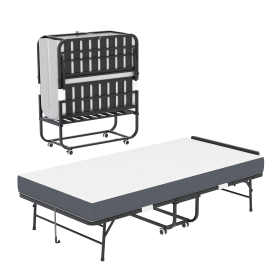 75" * 38" Folding Bed with Adjustable Headboard, 5" Memory Foam Rollaway Bed for Tall People, Heavy-Duty Portable Guest Bed on Wheels