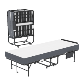 75" Folding Bed with Adjustable Headboard & 5" Memory Foam, Space Saving Rollaway Guest Bed for Tall People, Portable Twin Cot on Wheels