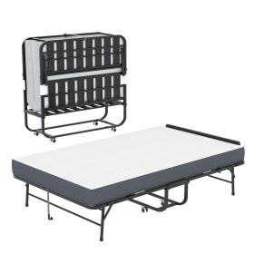 75"x46" Wide Folding Bed with Adjustable Headboard, Extra Long Rollaway Bed for Tall People, 5" Memory Foam Mattress, Heavy-Duty Guest Bed on Whe